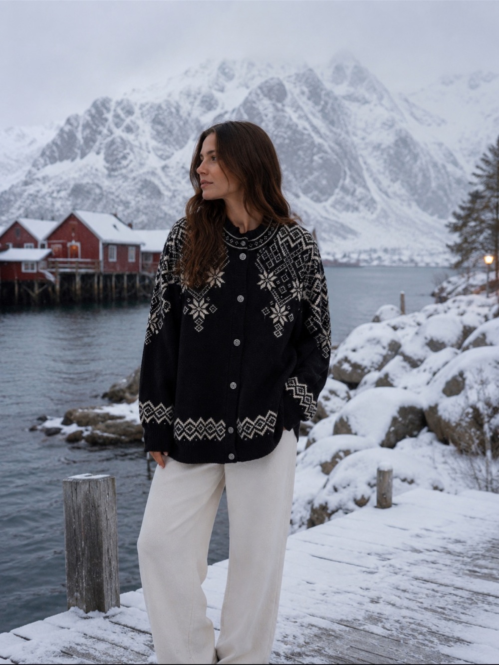 Dale Of Norway Sweater Vintage Nordic Oversized Cardigan in Black White